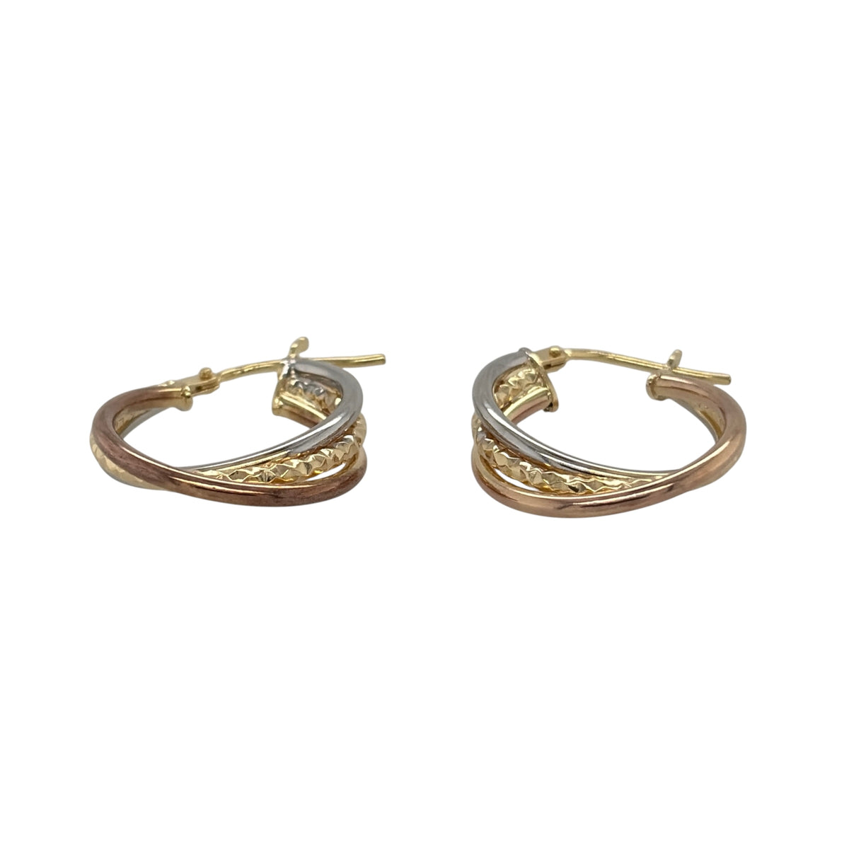 New 9ct Yellow, Rose and White Gold Three Hoop Three Colour Twist Creole Earrings with the weight 1.80 grams and approx 1.7cm diameter