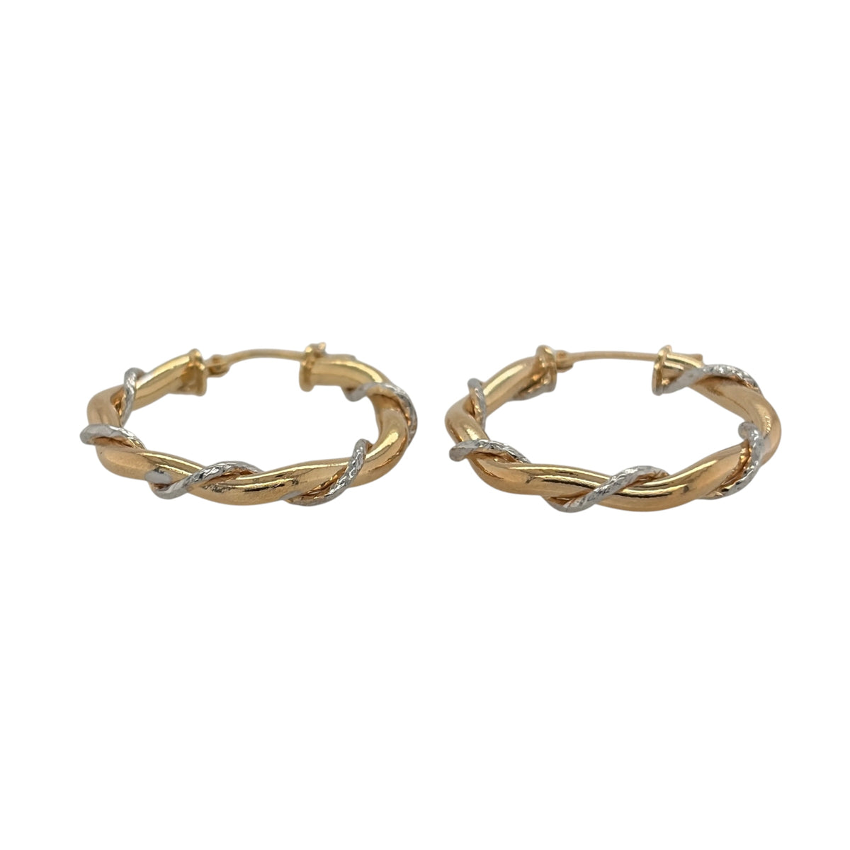 New 9ct Yellow and White Gold Twisted Hoop Creole Earrings with the weight 1.80 grams and approx 2.3cm diameter
