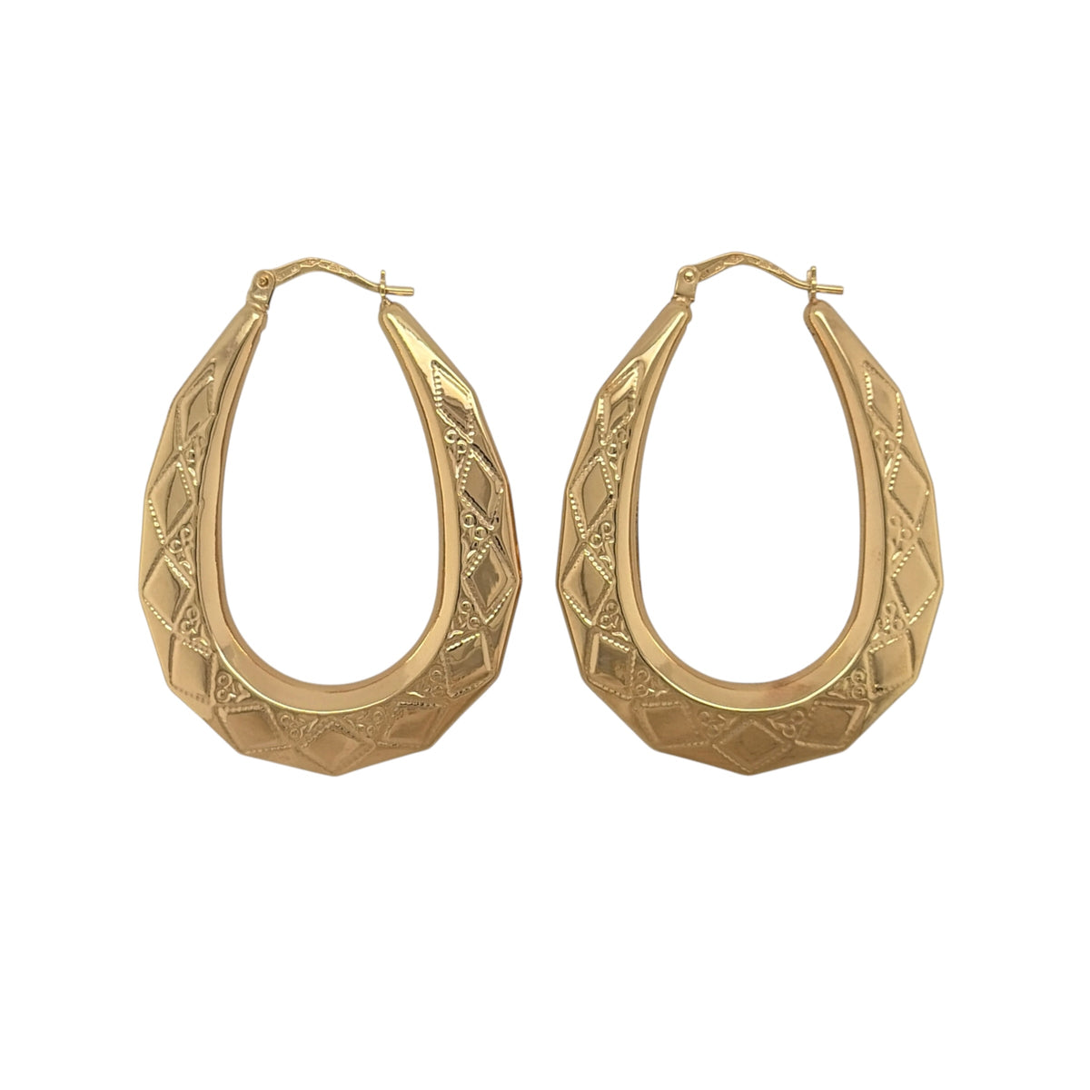 9ct Gold Victorian Patterned Oval Creole Earrings