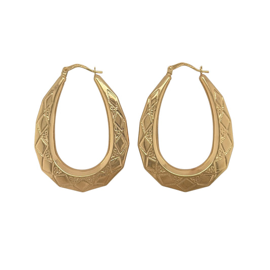 9ct Gold Victorian Patterned Oval Creole Earrings