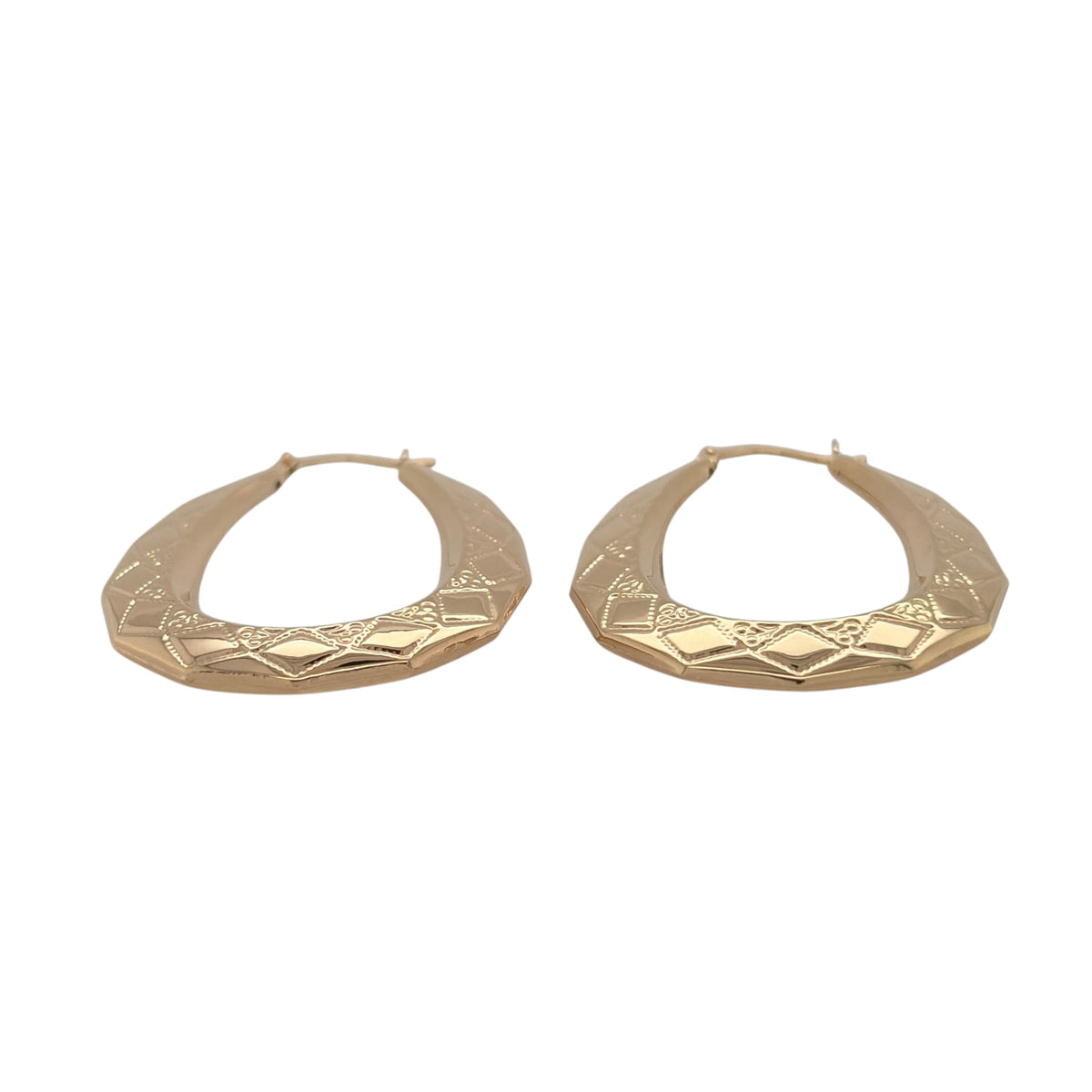 New 9ct Yellow Gold Victorian Patterned Oval Creole Earrings with the weight 2.30 grams and approx 4cm height