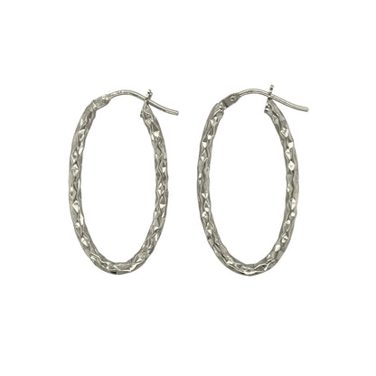 9ct White Gold Sparkle Textured Oval Creole Earrings