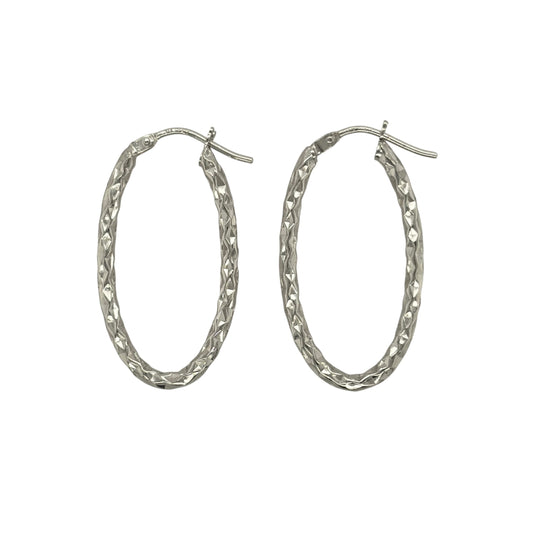 9ct White Gold Sparkle Textured Oval Creole Earrings