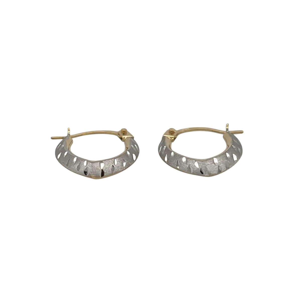 New 9ct Yellow and White Gold Patterned Spade Creole Earrings with the weight 0.50 grams and approx 1.6cm height