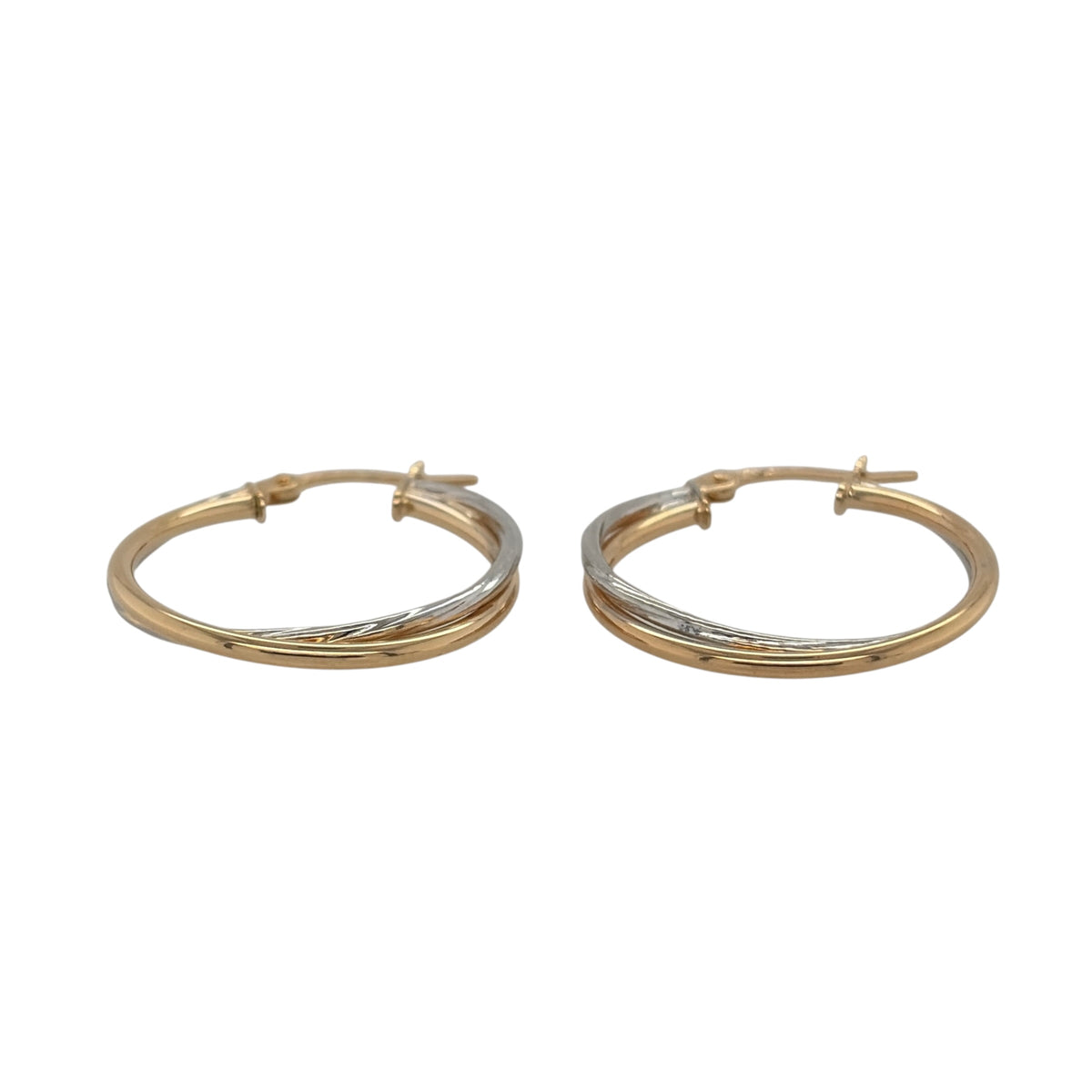 New 9ct Yellow and White Gold Twist Two Tone Hoop Creole Earrings with the weight 1.50 grams and approx 2.3cm diameter