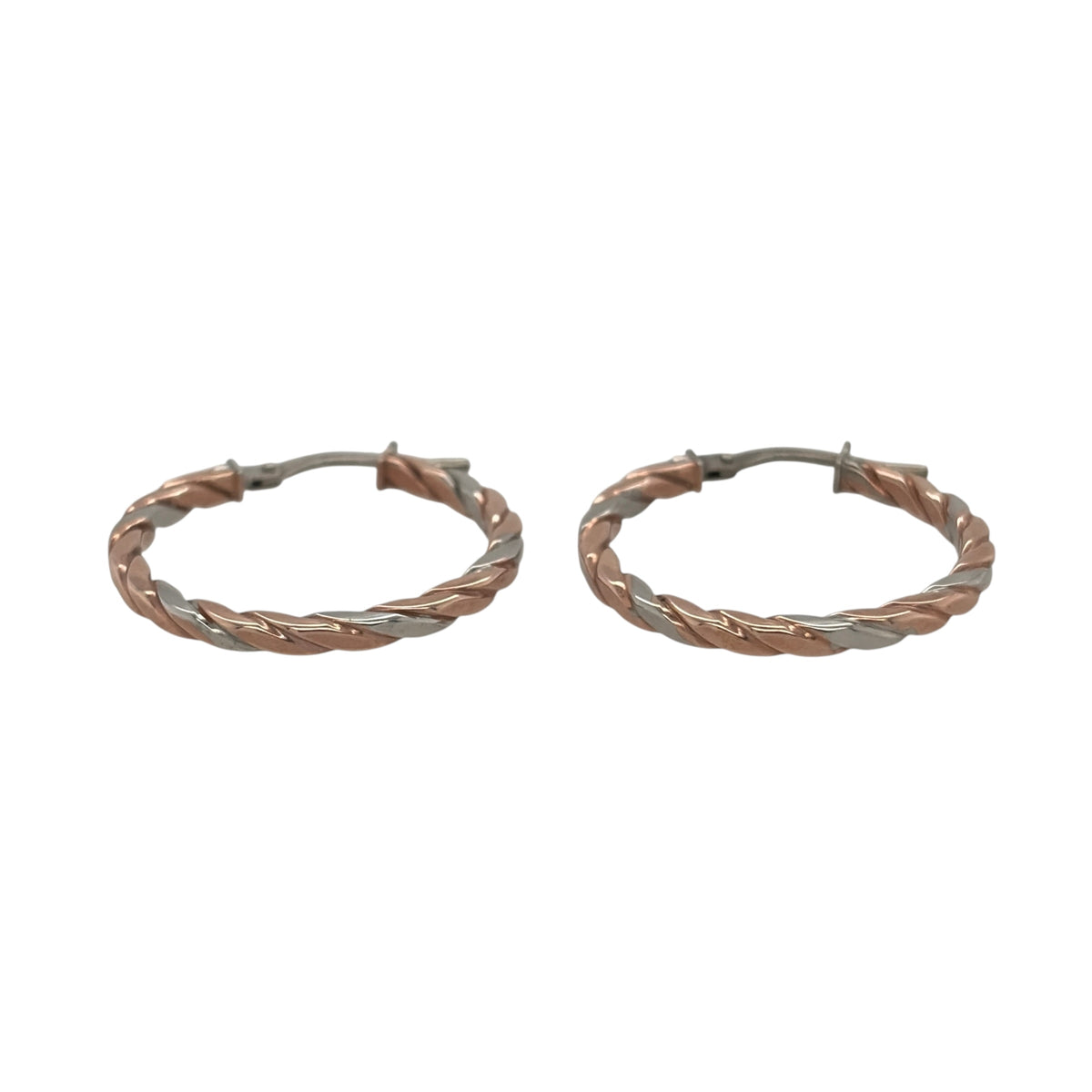 New 9ct Rose and White Gold Twisted Flat Hoop Creole Earrings with the weight 1.10 grams and approx 2.3cm diameter