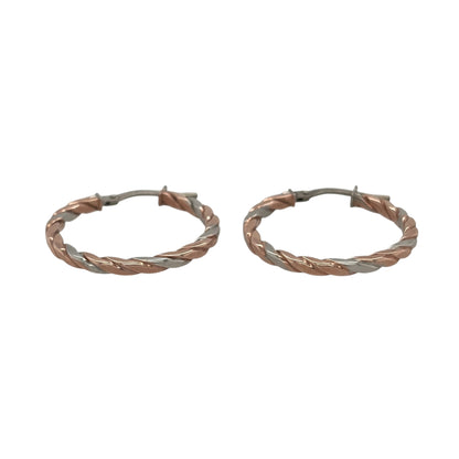 New 9ct Rose and White Gold Twisted Flat Hoop Creole Earrings with the weight 1.10 grams and approx 2.3cm diameter