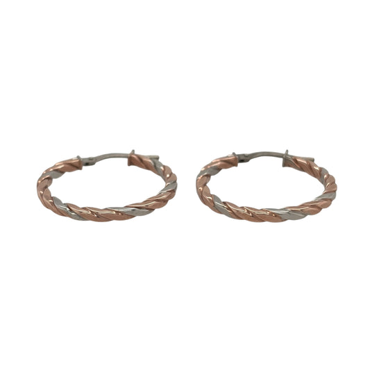 New 9ct Rose and White Gold Twisted Flat Hoop Creole Earrings with the weight 1.10 grams and approx 2.3cm diameter
