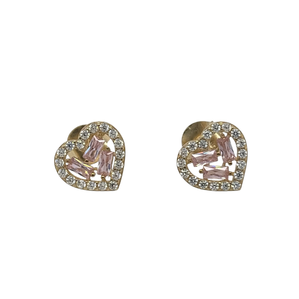 New 9ct Yellow Gold &amp; pink and white Cubic Zirconia Heart Cluster Stud Earrings with the weight 1.20 grams and the face of the stud is 8mm by 9mm