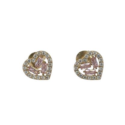 New 9ct Yellow Gold &amp; pink and white Cubic Zirconia Heart Cluster Stud Earrings with the weight 1.20 grams and the face of the stud is 8mm by 9mm