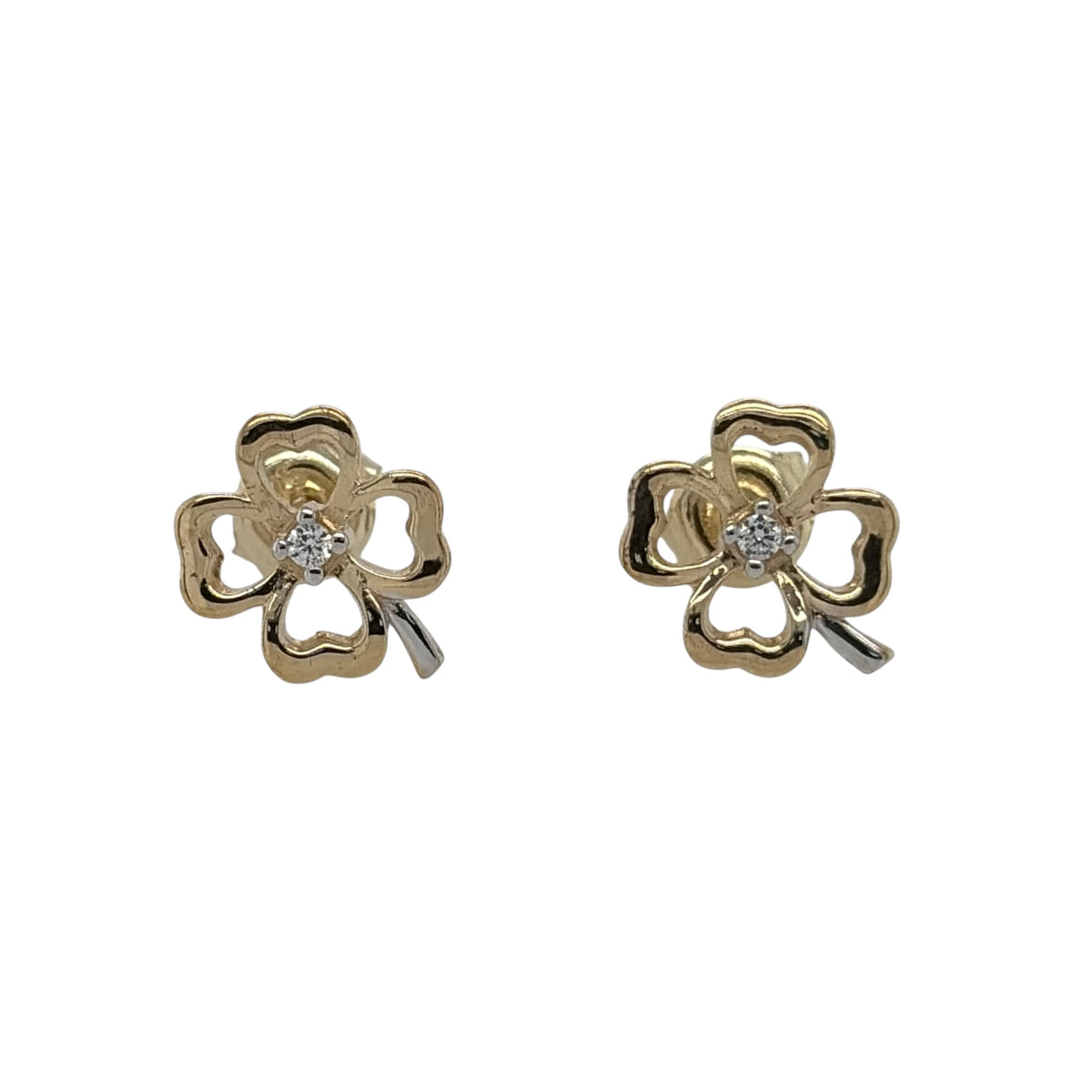 New 9ct Yellow and White Gold &amp; Cubic Zirconia four leaf Clover Stud Earrings with the weight 1.20 grams and the face of the stud is 10mm by 9mm