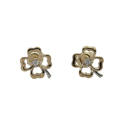 New 9ct Yellow and White Gold &amp; Cubic Zirconia four leaf Clover Stud Earrings with the weight 1.20 grams and the face of the stud is 10mm by 9mm