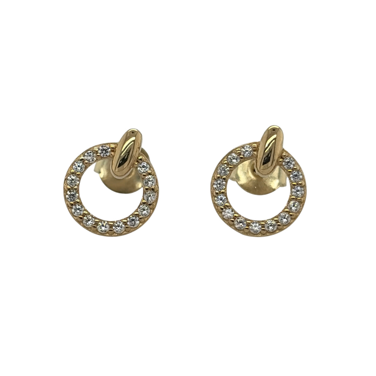 New 9ct Yellow Gold &amp; Cubic Zirconia Round Stud Earrings with the weight 1.20 grams and the face of the stud is 10mm by 9mm