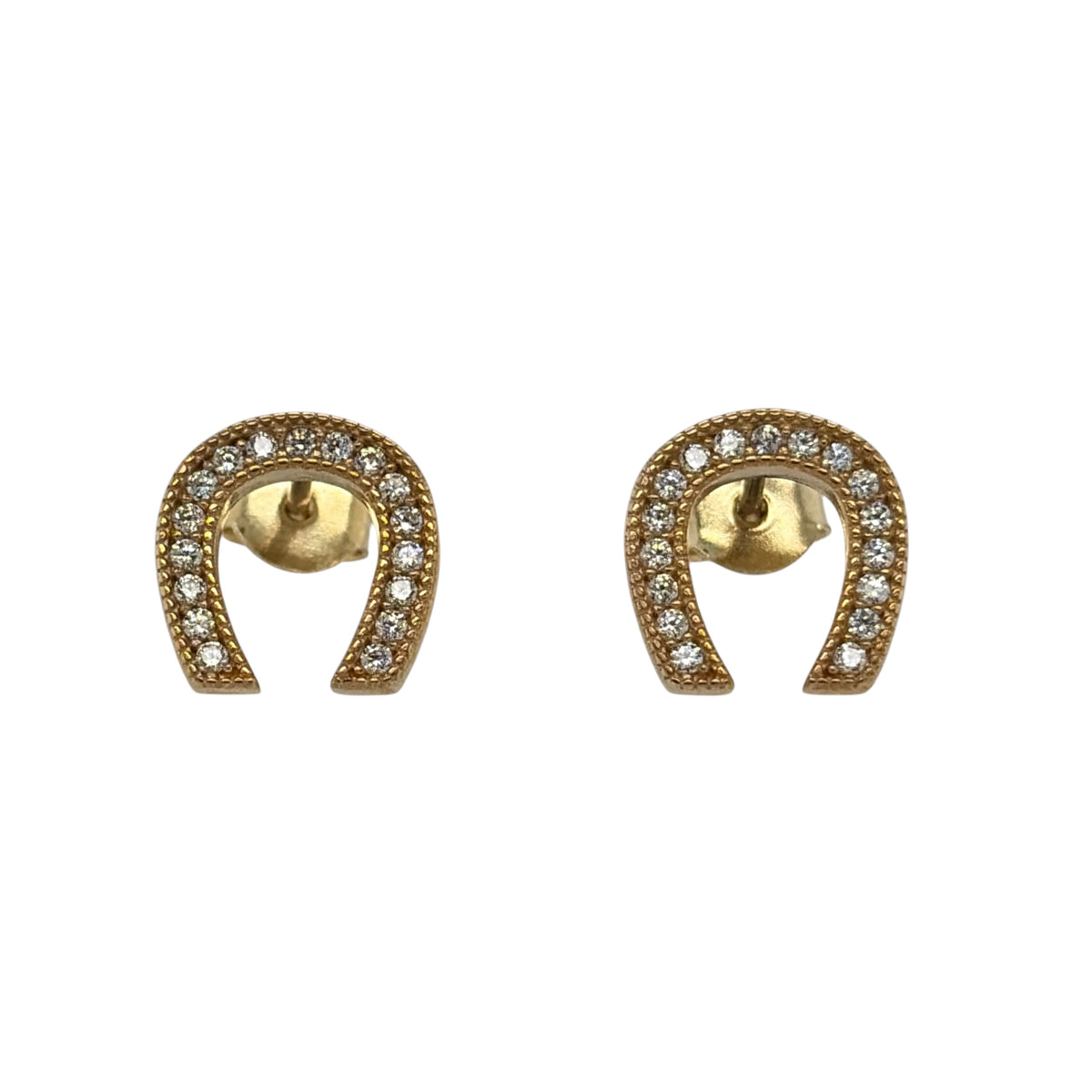 New 9ct Yellow Gold &amp; Cubic Zirconia Horseshoe Stud Earrings with the weight 1.50 grams and the face of the stud is 10mm by 10mm