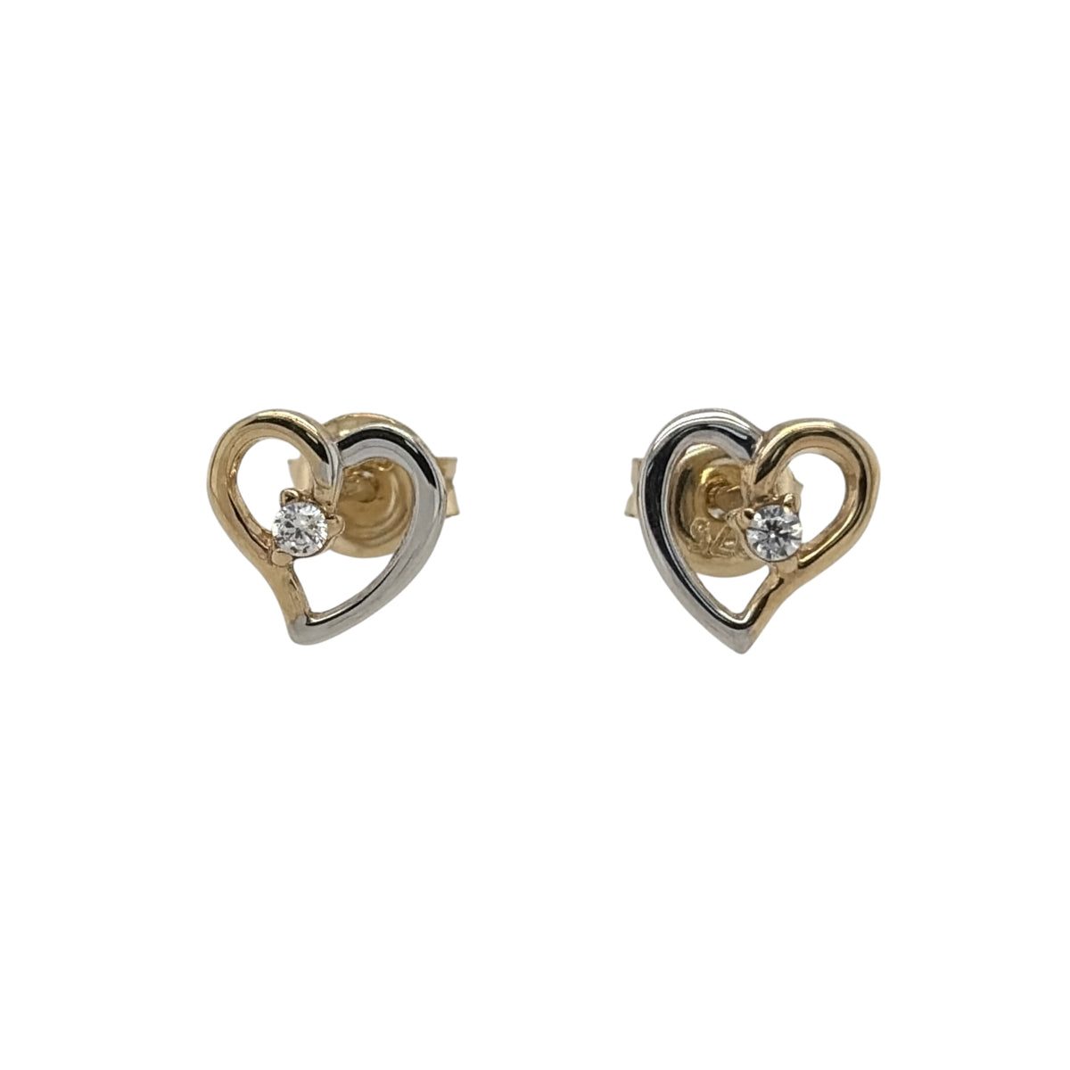 New 9ct Yellow and White Gold &amp; Cubic Zirconia Heart Stud Earrings with the weight 0.70 grams and the face of the stud is 7mm by 7mm