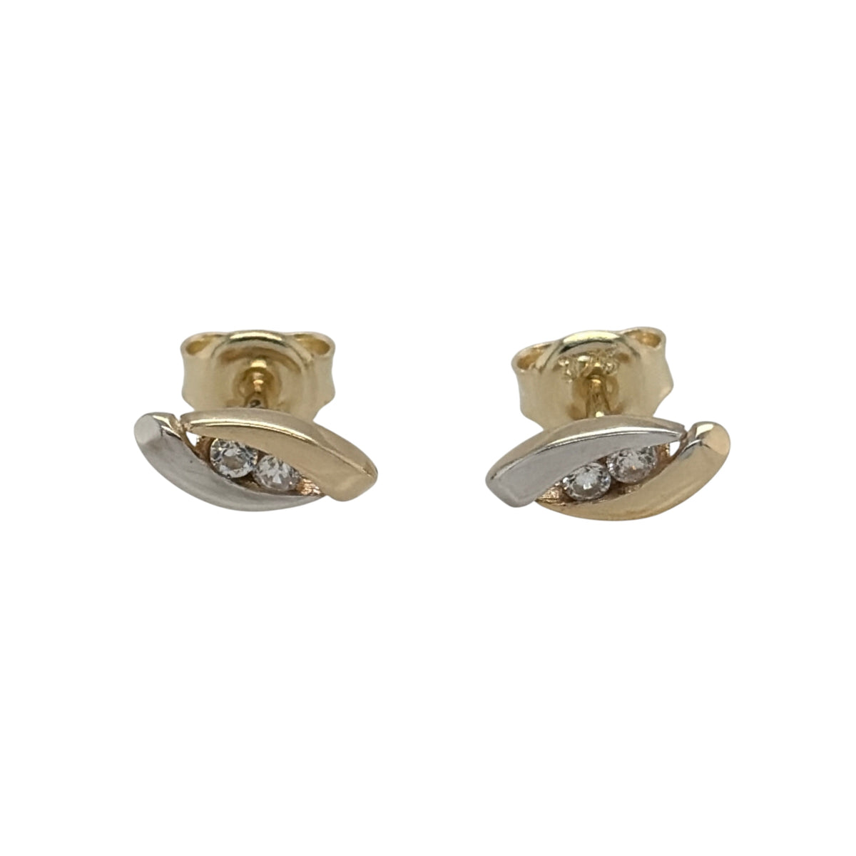 New 9ct Yellow and White Gold &amp; Cubic Zirconia Oval Stud Earrings with the weight 1 gram and the face of the stud is 8mm by 4mm