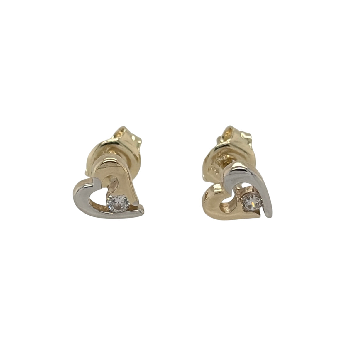 New 9ct Yellow and White Gold &amp; Cubic Zirconia Heart Stud Earrings with the weight 0.90 grams and the face of the stud is 6mm by 5mm