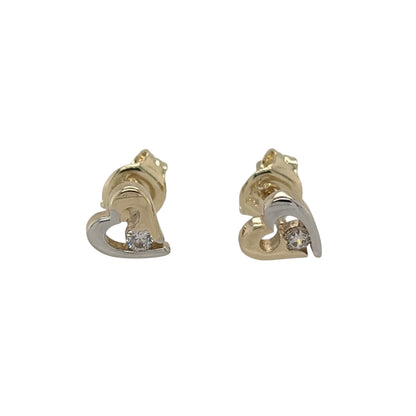 New 9ct Yellow and White Gold &amp; Cubic Zirconia Heart Stud Earrings with the weight 0.90 grams and the face of the stud is 6mm by 5mm