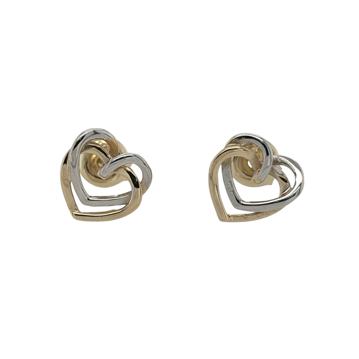 New 9ct Yellow and White Gold Double Heart Stud Earrings with the weight 0.90 grams and the face of the stud is 8mm by 9mm