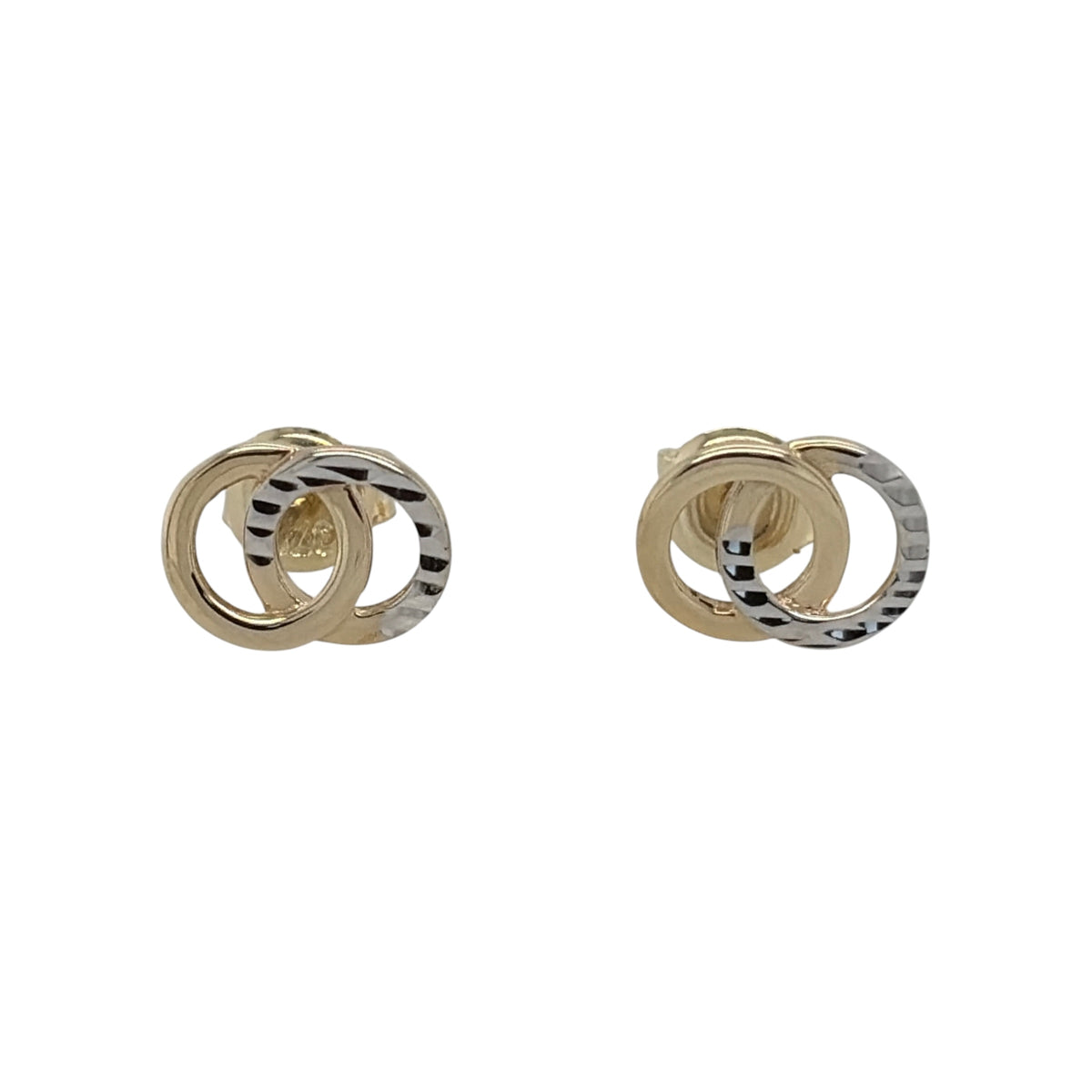 New 9ct Yellow and White Gold Double Circle Stud Earrings with the weight 1 gram and the face of the stud is 9mm by 6mm
