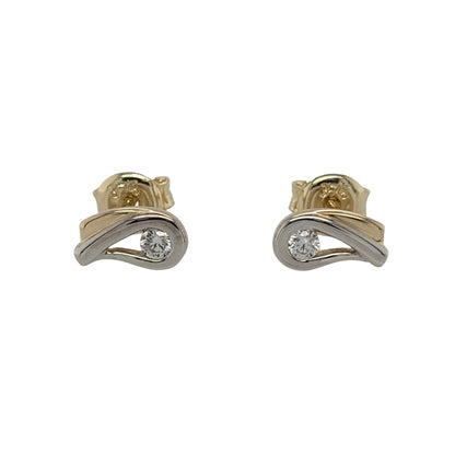 New 9ct Yellow and White Gold &amp; Cubic Zirconia Teardrop Shaped Stud Earrings with the weight 1 gram and the face of the stud is 8mm by 4mm