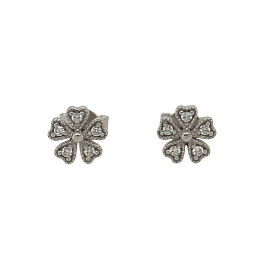New 9ct White Gold &amp; Cubic Zirconia Flower Stud Earrings with the weight 1.20 grams and the face of the stud is 8mm by 8mm