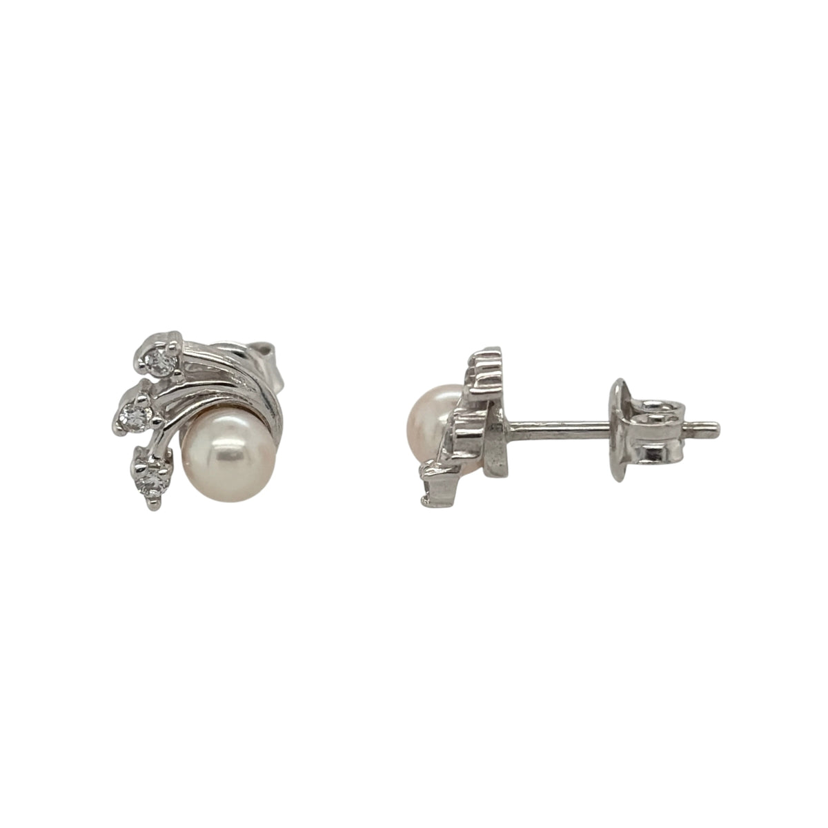 9ct White Gold Pearl & Cubic Zirconia Fan Stud Earrings