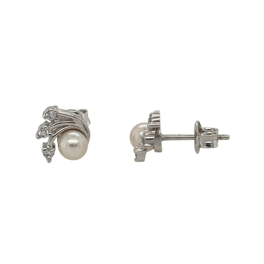 9ct White Gold Pearl & Cubic Zirconia Fan Stud Earrings
