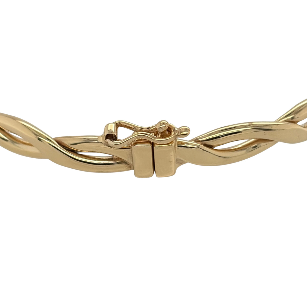 New 9ct Yellow Gold Infinity Twisted Bangle with the weight 3.75 grams and diameter 6.5cm. The bangle width is approx 5mm