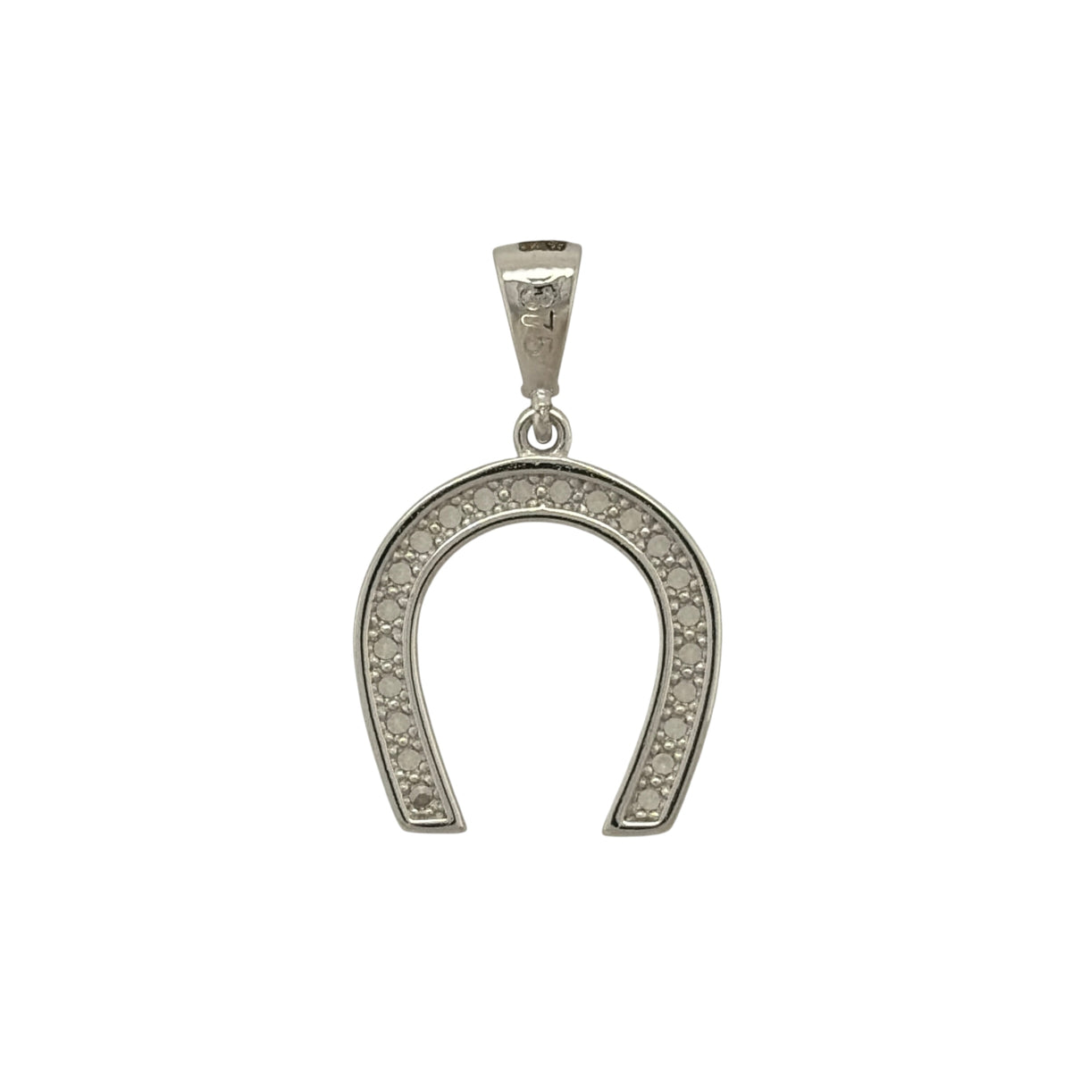 New 9ct White Gold &amp; Cubic Zirconia Horseshoe Pendant with the weight 1.50 grams. The pendant is approx 2cm by 1.3cm including the bail