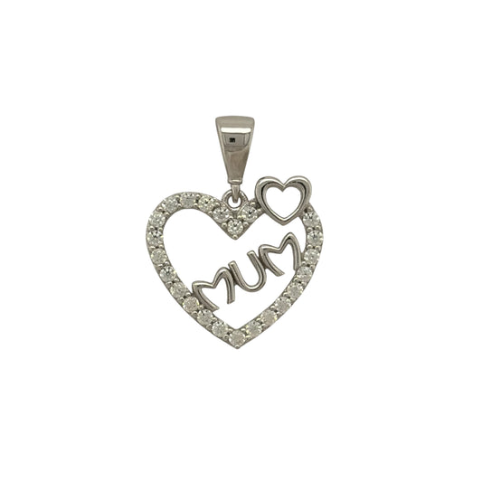 9ct White Gold & Cubic Zirconia Mum Heart Pendant