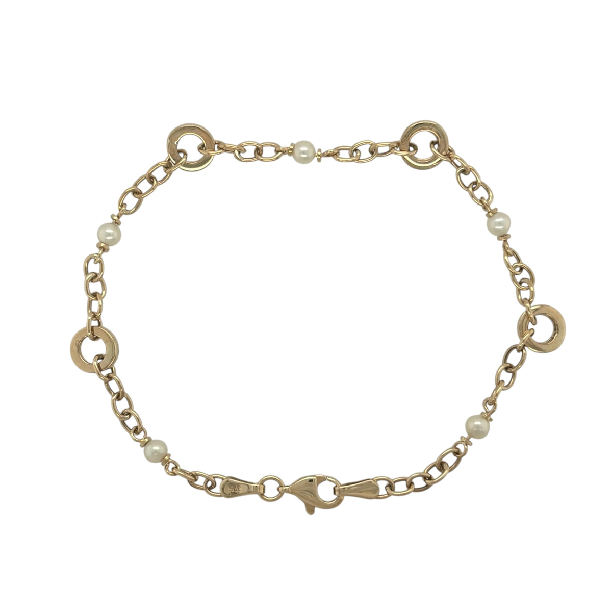 9ct Gold & Pearl Circle Cable Link 7.5" Bracelet