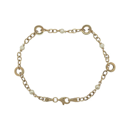 9ct Gold & Pearl Circle Cable Link 7.5" Bracelet