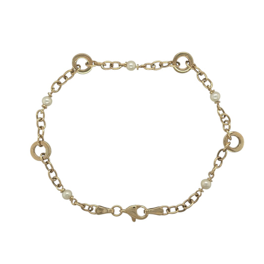 9ct Gold & Pearl Circle Cable Link 7.5" Bracelet