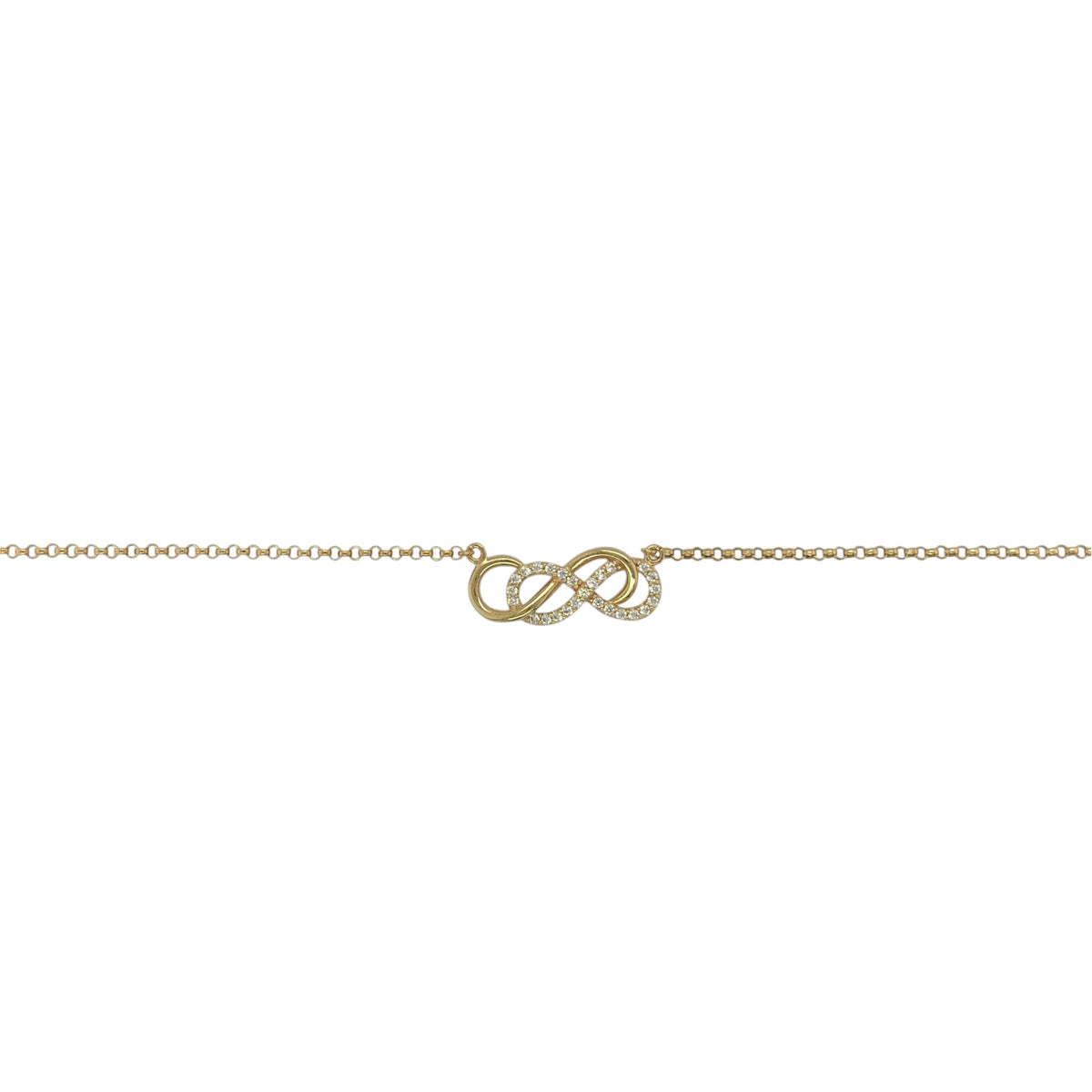 New 9ct Yellow and White Gold &amp; Cubic Zirconia Infinity 18" belcher Necklace with the weight 2.90 grams. The infinity symbol is approx 2.2cm by 0.8cm