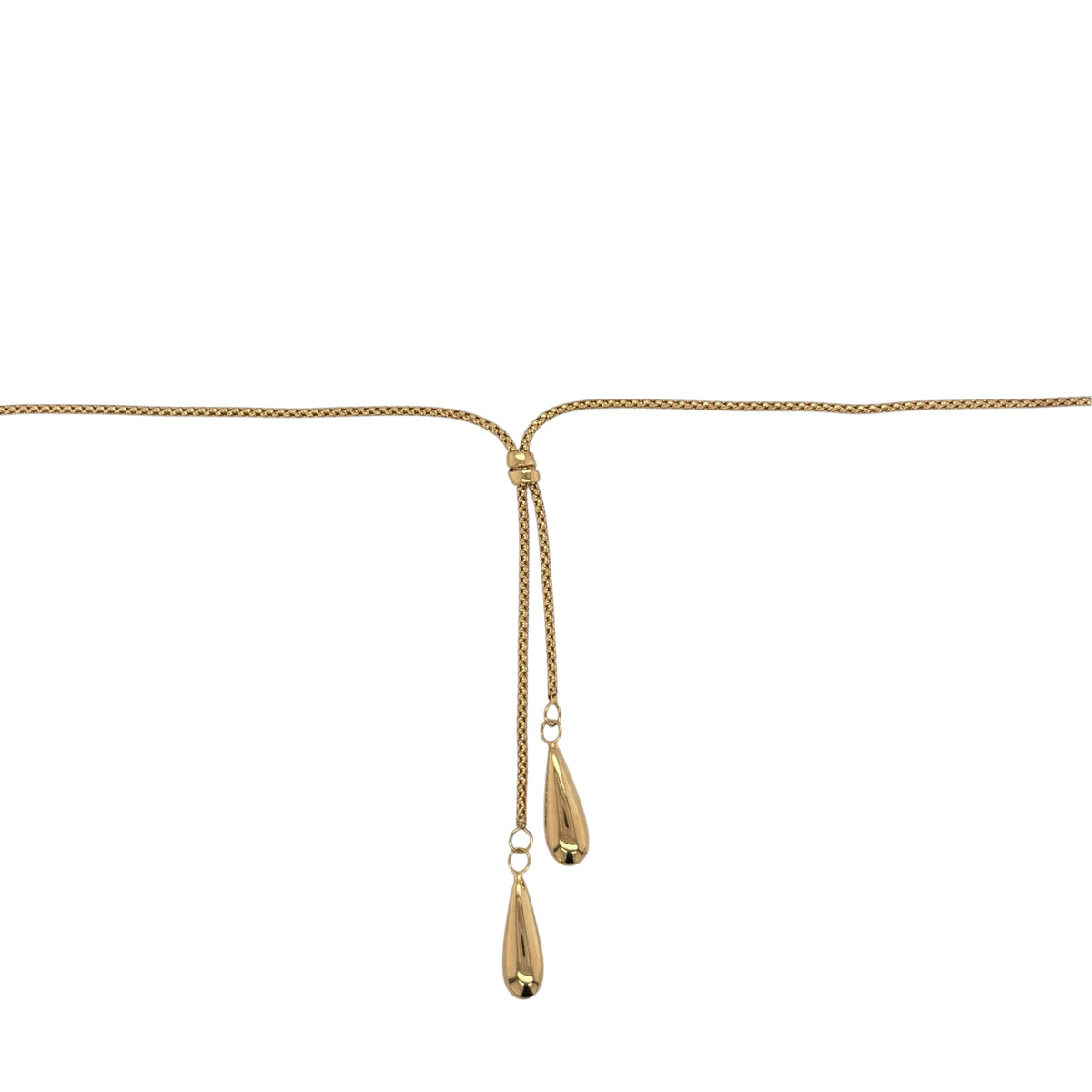 New 9ct Yellow Gold Tassel Drop 18" Necklace with the weight 3.80 grams and the teardrop shapes at the bottom are approx 14mm by 6mm