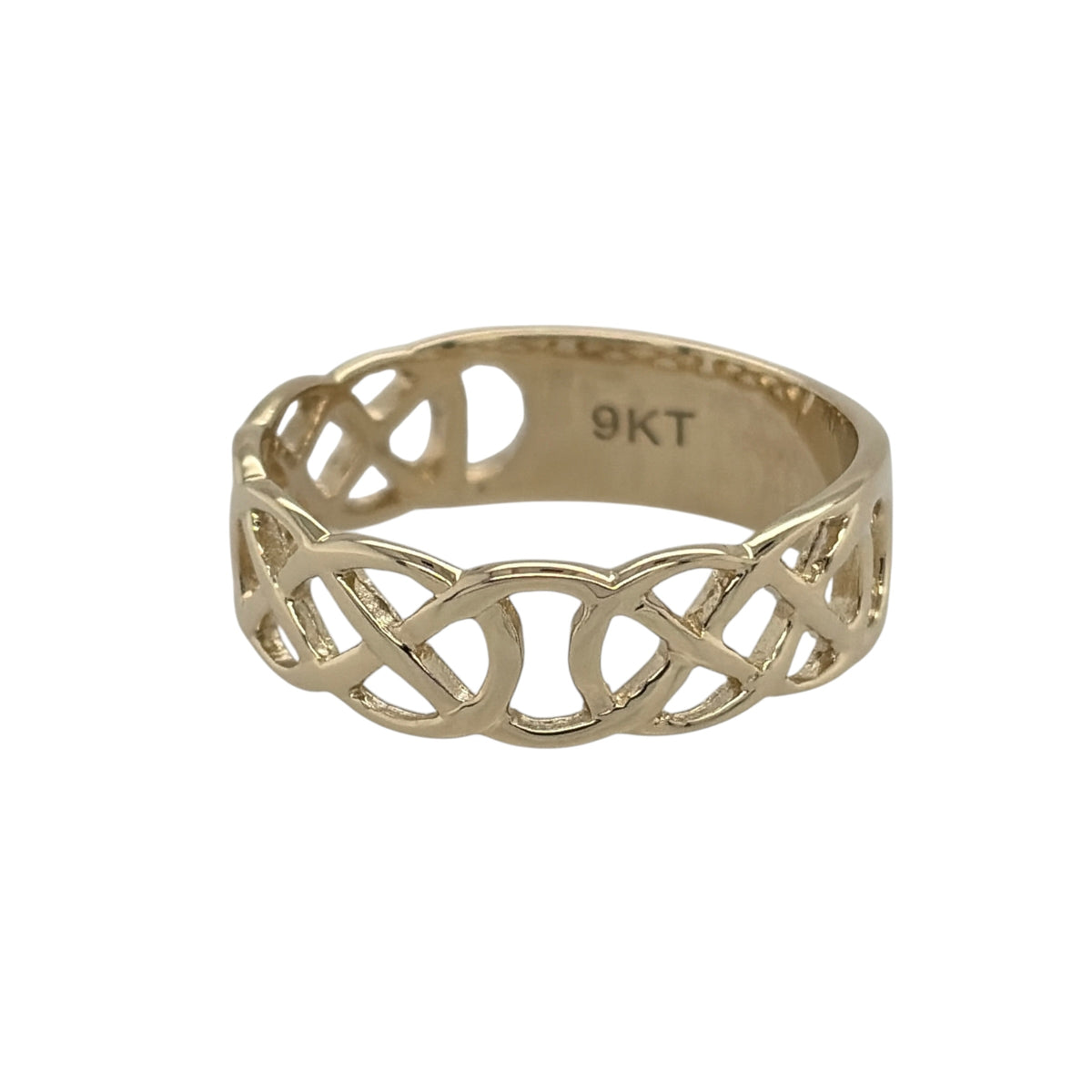 New 9ct Yellow Gold Open Celtic Knot Band Ring in various sizes with the approx weight 3 grams. The front of the band is 7mm wide