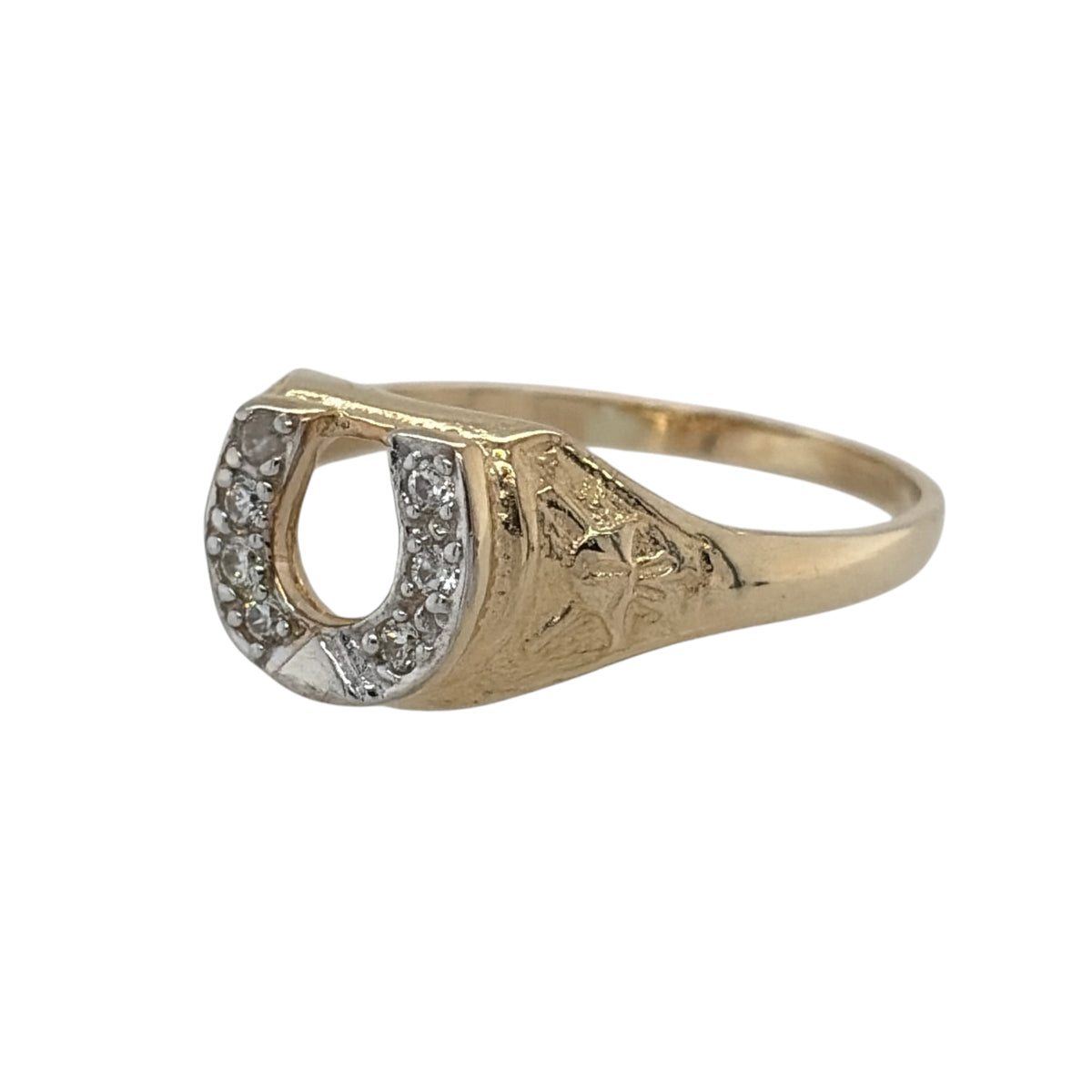 New 9ct Yellow and White Gold &amp; Cubic Zirconia Horseshoe Ring in various sizes with the approximate weight 3.40 grams. The front of the ring is 9mm wide