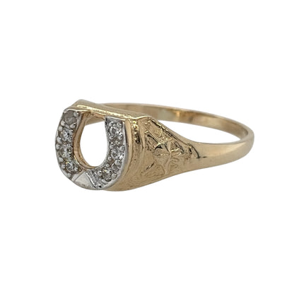 New 9ct Yellow and White Gold &amp; Cubic Zirconia Horseshoe Ring in various sizes with the approximate weight 3.40 grams. The front of the ring is 9mm wide