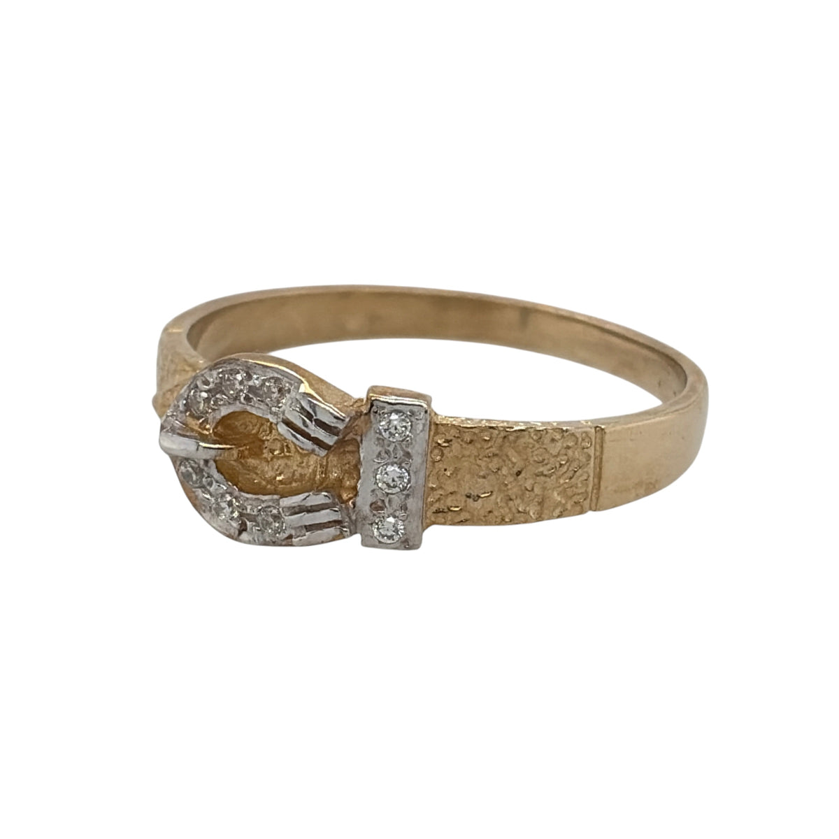 New 9ct Yellow and White Gold &amp; Cubic Zirconia Buckle Ring in various sizes with the approximate weight 3.70 grams. The front of the ring is 8mm wide