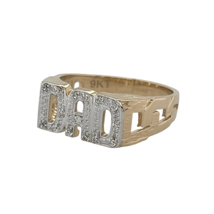 New 9ct Yellow and White Gold &amp; Cubic Zirconia Dad Ring in various sizes with the approximate weight 4.80 grams. The front of the ring is 8mm wide