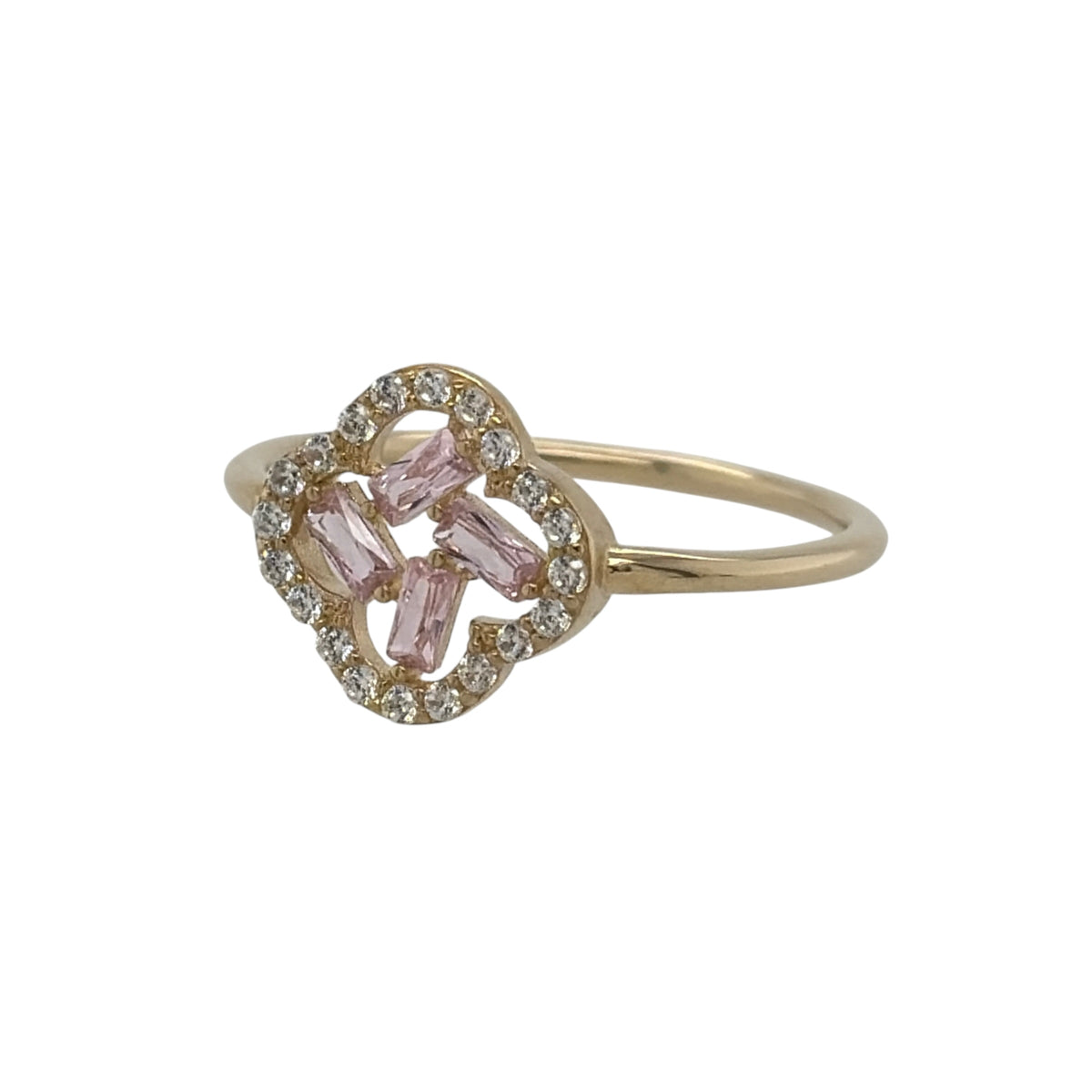 New 9ct Yellow Gold &amp; Pink and White Cubic Zirconia Cluster Flower Ring in various sizes with the approximate weight 1.20 grams. The front of the ring is 10mm high