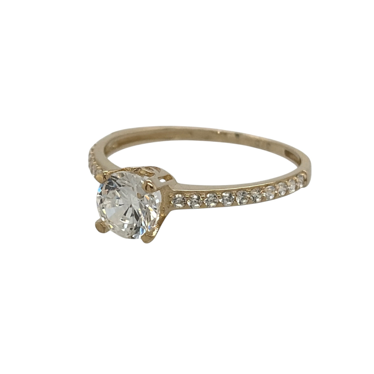 New 9ct Yellow Gold &amp; Cubic Zirconia Solitaire Ring in various sizes with the approximate weight 1.20 grams. The center stone is 5mm diameter and there are smaller stones set on the shoulders