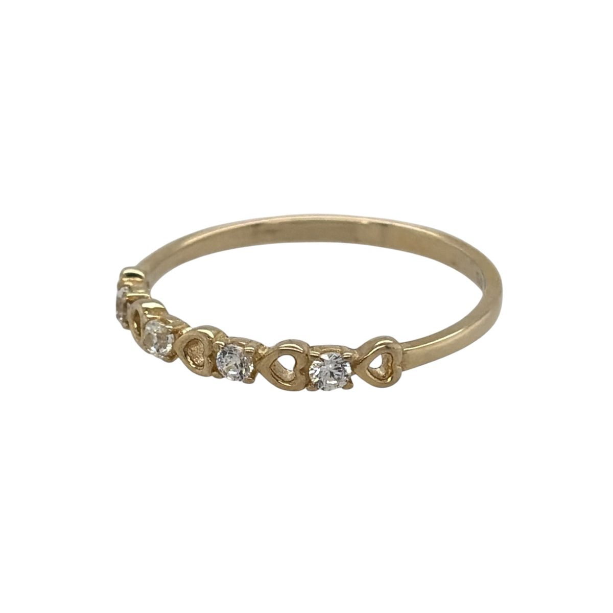 New 9ct Yellow Gold &amp; Cubic Zirconia Heart Band Ring in various sizes with the approximate weight 0.90 grams. The stones are each 1.8mm diameter