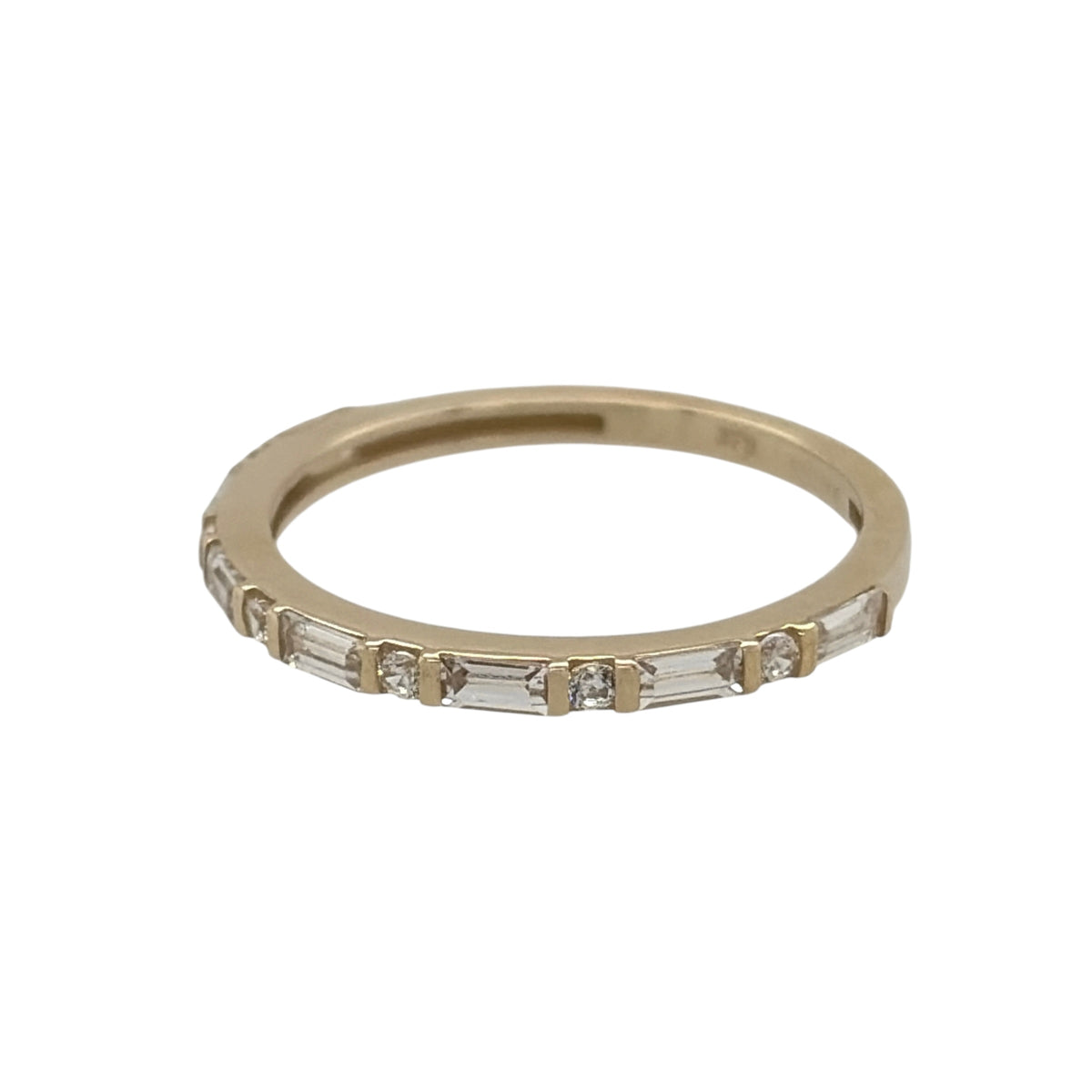 New 9ct Yellow Gold &amp; Cubic Zirconia Band Ring in various sizes with the approximate weight 1.10 grams. The front of the band is 2mm wide