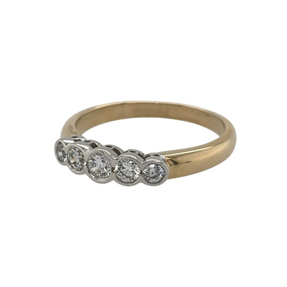 New 9ct Yellow Gold &amp; Cubic Zirconia Five Stone Band Ring in various sizes with the approximate weight 2.40 grams. The front of the band is 4mm wide