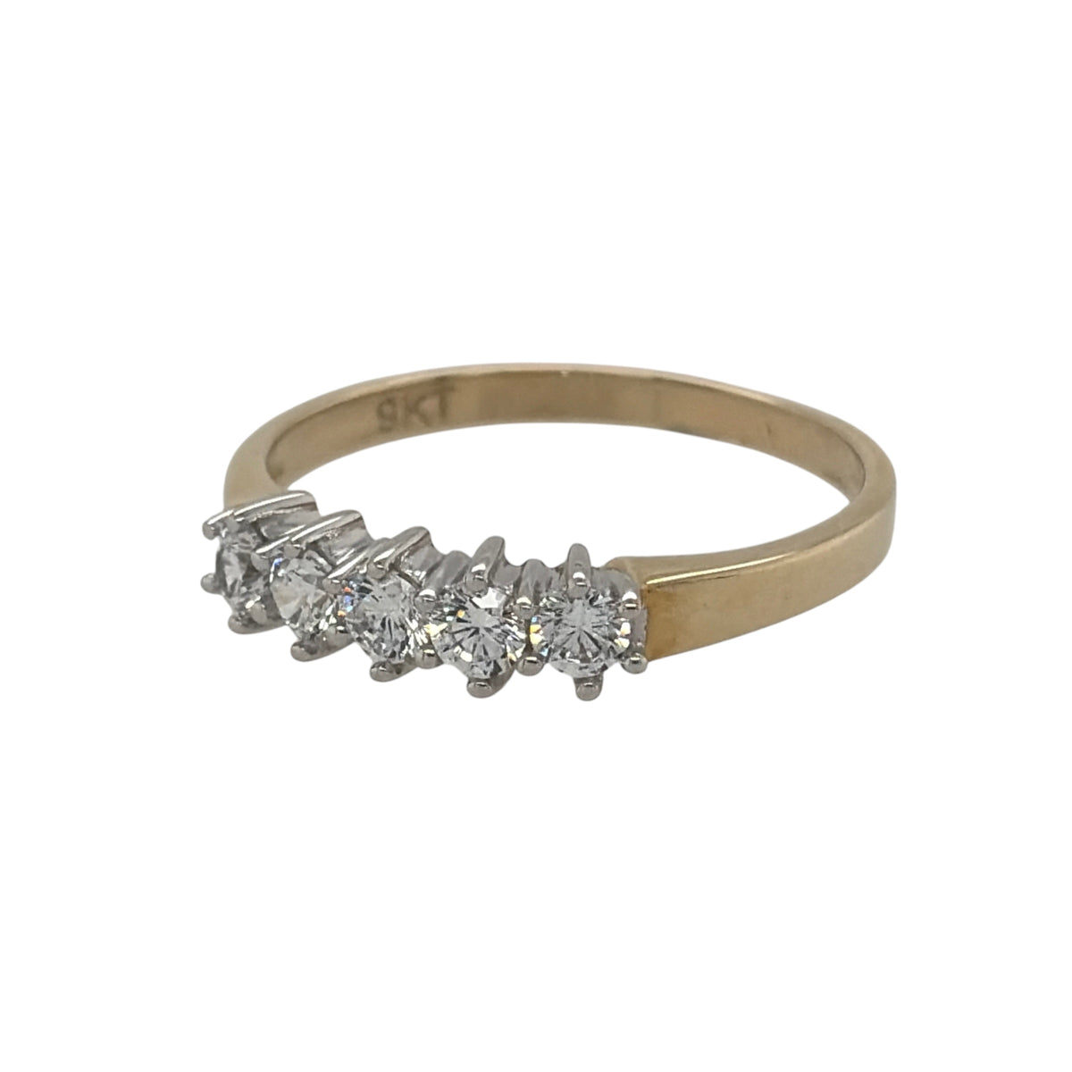New 9ct Yellow Gold &amp; Cubic Zirconia Five Stone Band Ring in various sizes with the approximate weight 1.90 grams. The stones are each 3mm diameter