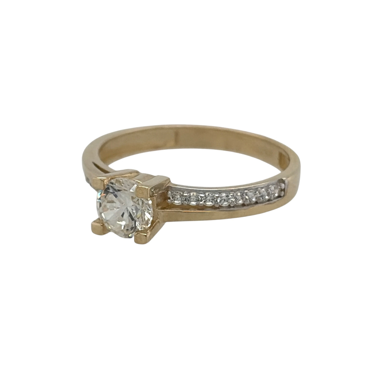 New 9ct Gold &amp; Cubic Zirconia Solitaire Ring in various sizes with the approximate weight 1.80 grams. The center stone is 5.3mm diameter with smaller stones on each shoulder