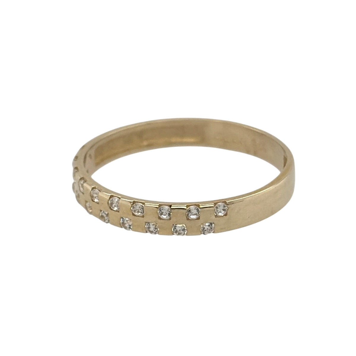 New 9ct Yellow Gold &amp; Cubic Zirconia scatter set Band Ring in various sizes with the approximate weight 1 gram. The front of the ring is 3mm wide