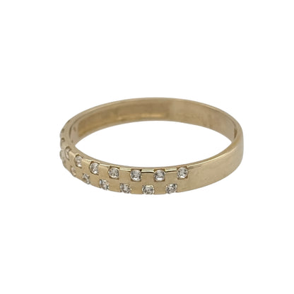 New 9ct Yellow Gold &amp; Cubic Zirconia scatter set Band Ring in various sizes with the approximate weight 1 gram. The front of the ring is 3mm wide